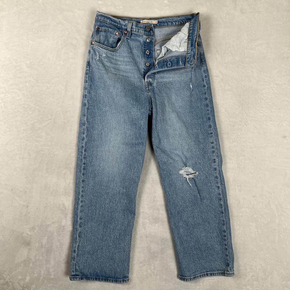 Levi's Ribcage Straight Ankle Jeans Womens 30 Blue High Rise Distressed Denim